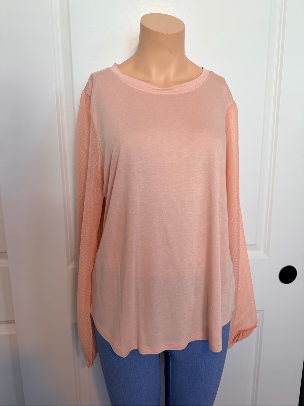 Michael Kors Soft Peach Long Sleeve Blouse with Sheer Dot Sleeves